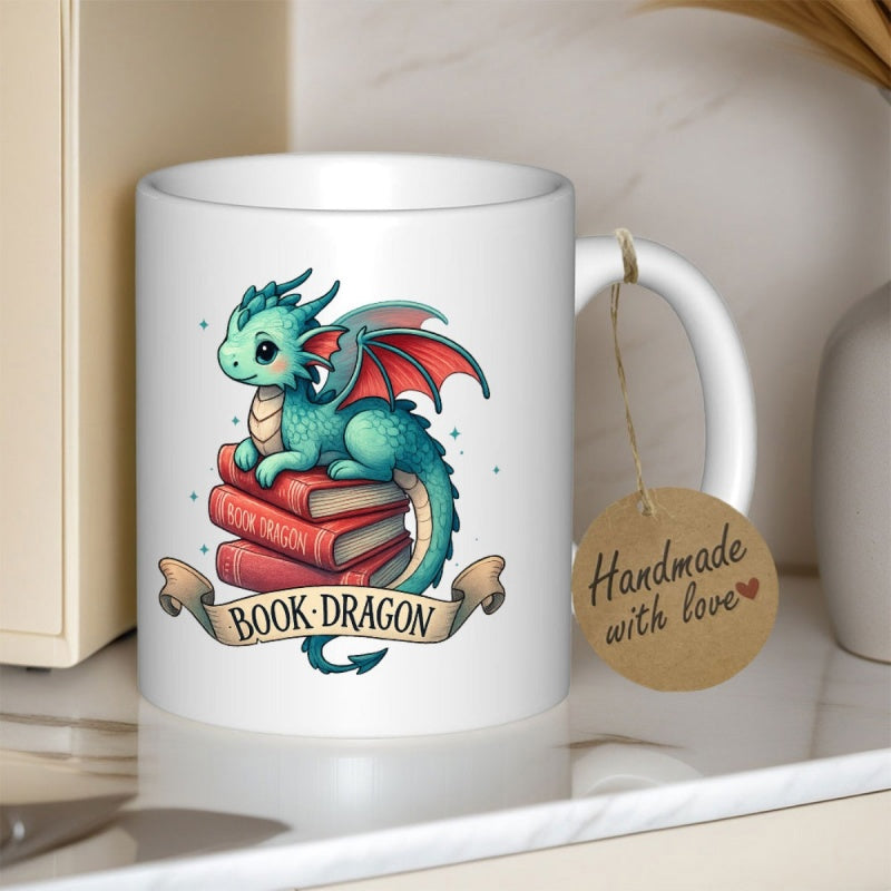 Tailorly White Ceramic 11 oz Mug - Book Dragon Adorable Teal Baby Creature Perched Atop A Stack Of Red Books Dragon