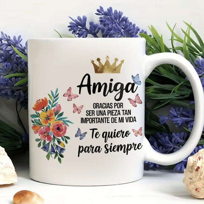 Tailorly White Ceramic 11 oz Mug - Elegant Golden Crown Surrounded By Watercolor Floral Bouquet And Fluttering Butterflies Mug