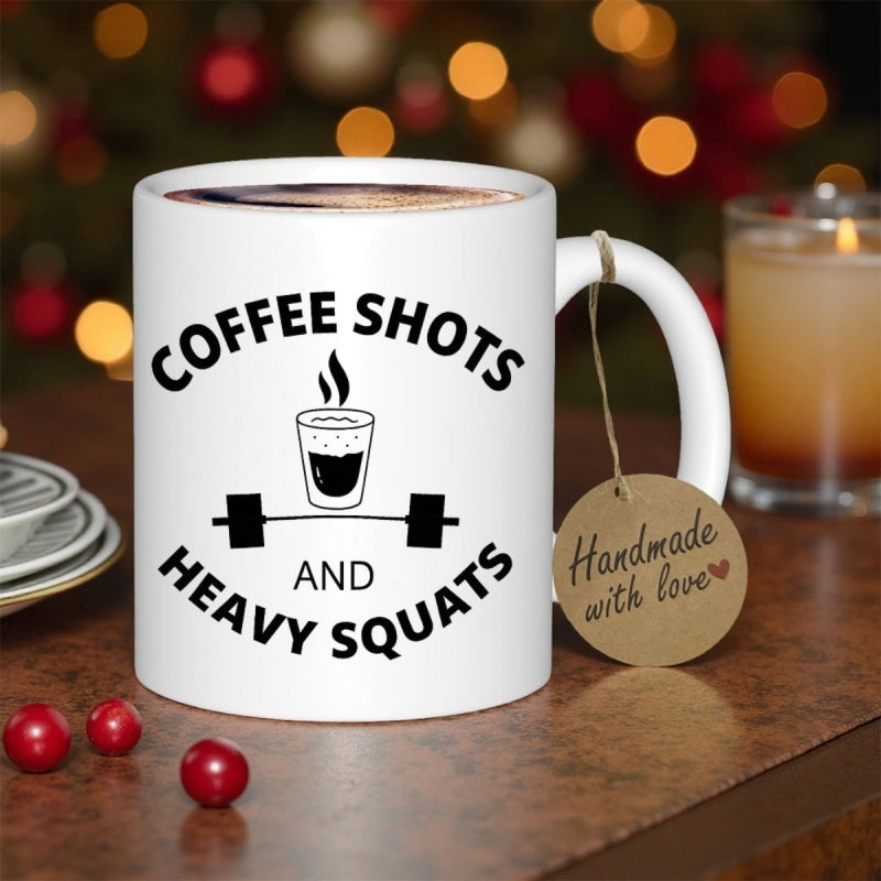 Tailorly White Ceramic 11 oz Mug - Coffee Shots Heavy Squats Sleek Black Fitness Theme Featuring Steaming Espresso Shot Above A Heavy Barbell