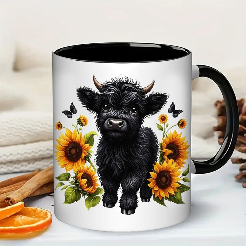 Tailorly Black Accent 11 oz Mug - highland cow with sunflowers