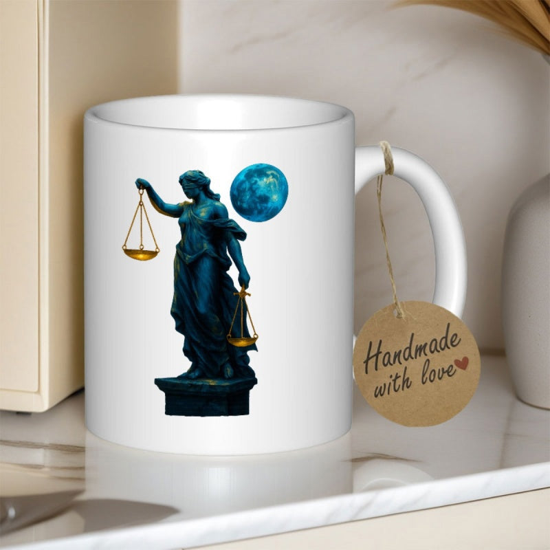 Tailorly White Ceramic 11 oz Mug - Classic Ancient Scales Of Justice Glowing Under A Radiant Blue Moon Statue