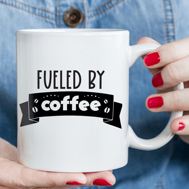 Tailorly White Ceramic 11 oz Mug - Fueled By Coffee Black Decorative Banner With Small Stylized Beans And Elegant Script Mug