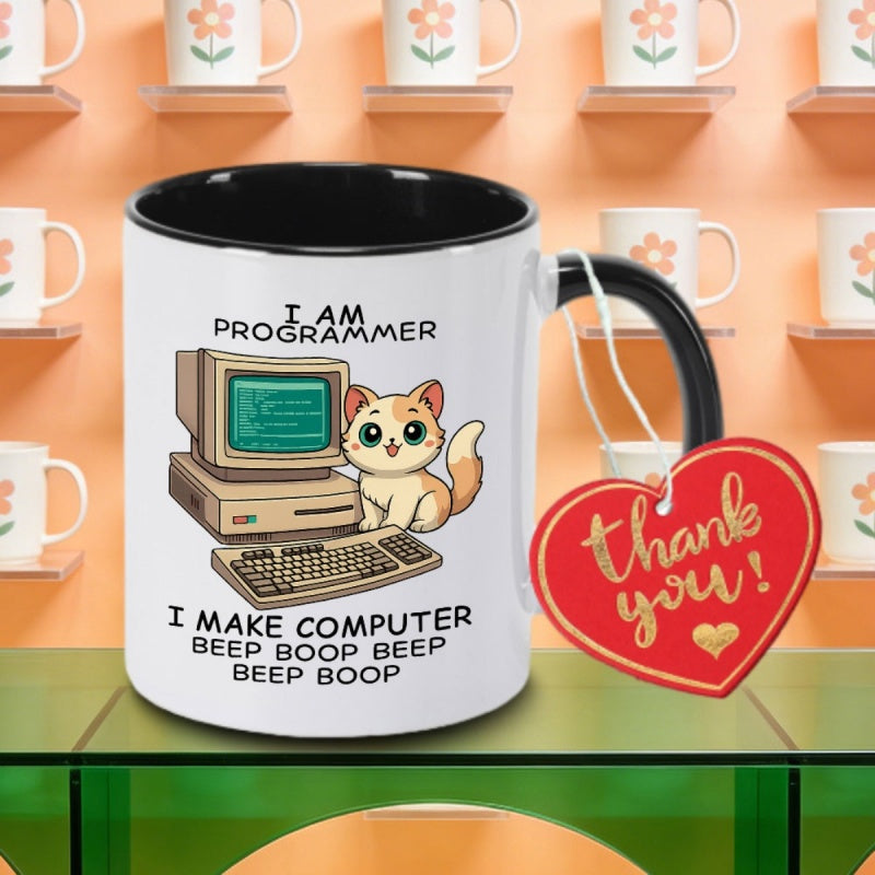 Tailorly Black Accent 11 oz Mug - retro and cat illustration