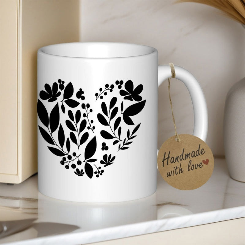 Tailorly White Ceramic 11 oz Mug - Elegant Black Botanical Leaves And Berries Forming A Minimalist Artistic Floral Heart