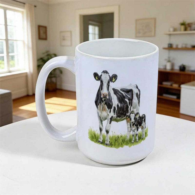 Tailorly White Ceramic 11 oz Mug - Realistic Black And White Spotted Heifer Standing On Green Grass With Calf Cow