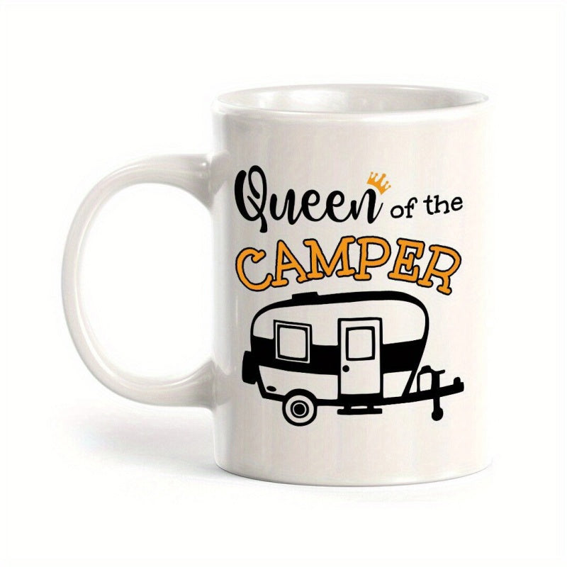 Tailorly White Ceramic 11 oz Mug - Queen Of The Camper Retro Vintage Style Travel Trailer With Crown And Decorative Lettering Camper