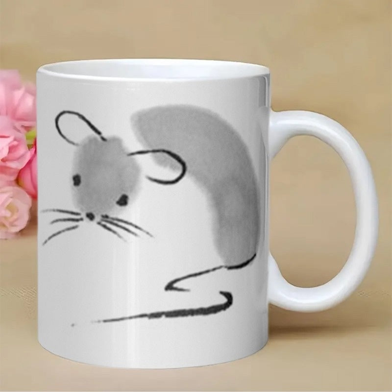 Tailorly White Ceramic 11 oz Mug - Minimalist Ink Wash Painting Style With Soft Grey Tones Serene Mouse