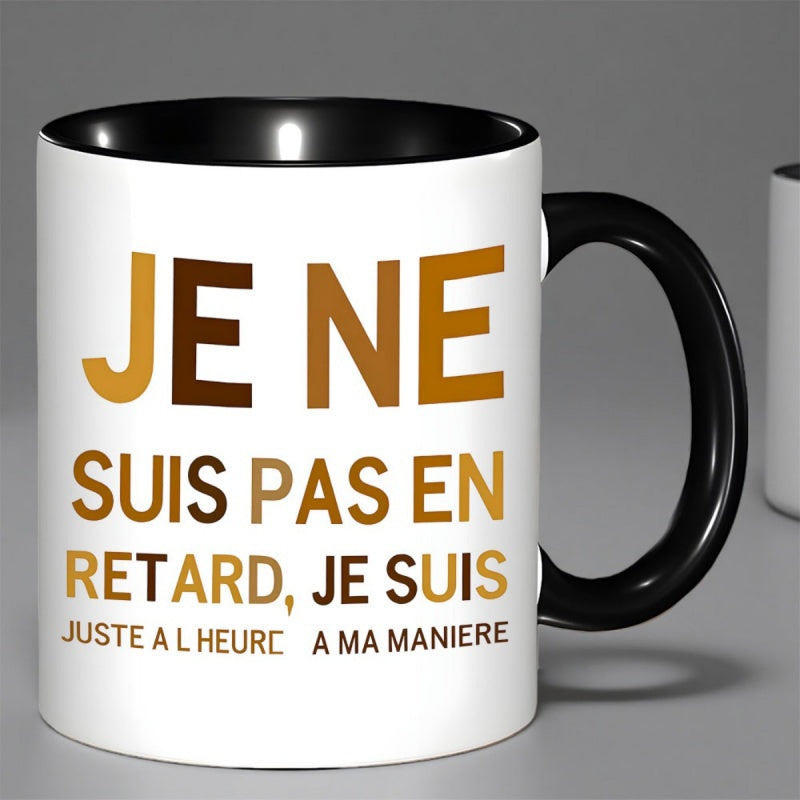 Tailorly Black Accent 11 oz Mug - golden lettering "im not late im on time"