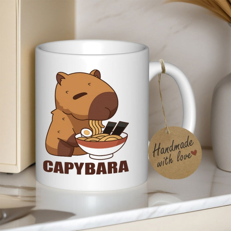 Tailorly White Ceramic 11 oz Mug - Capybara Adorable Cartoon Animal Enjoying A Bowl Of Hot Ramen Capybara