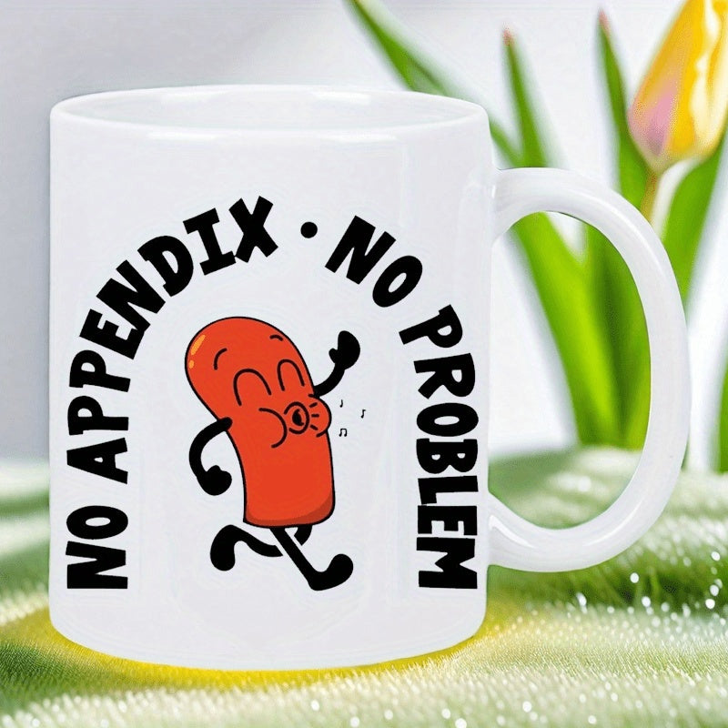 Tailorly White Ceramic 11 oz Mug - No Appendix No Problem Cheerful Cartoon Character Running Happily With A Whistling Face Appendix