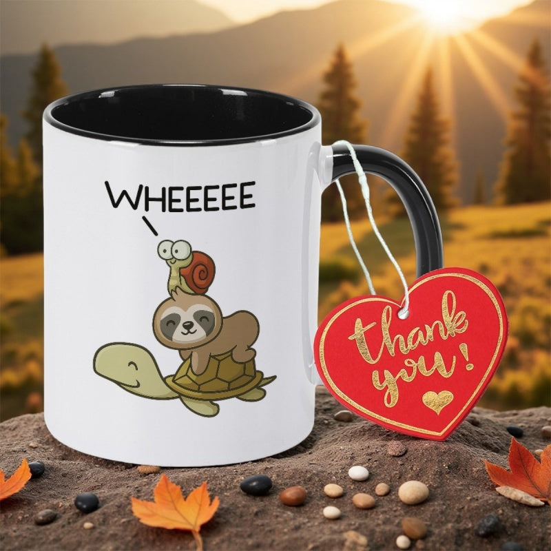 Tailorly Black Accent 11 oz Mug - with cute design featuring frogs and turtles with wheeee print 11oz 350ml coffee cup ceramic coffee mug mothers day