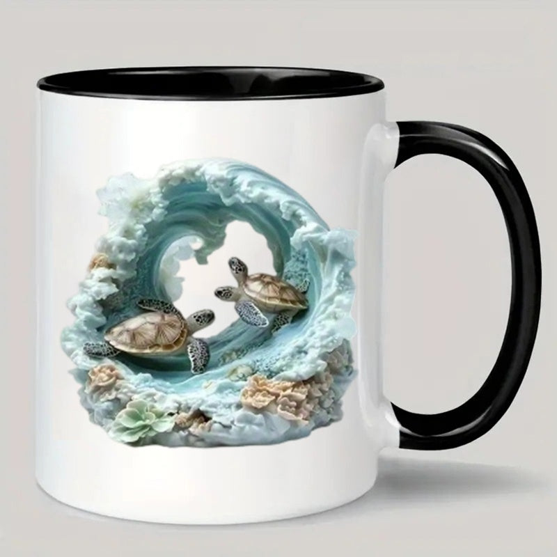 Tailorly Black Accent 11 oz Mug - turtle wave art sea turtles and a magnificent wave