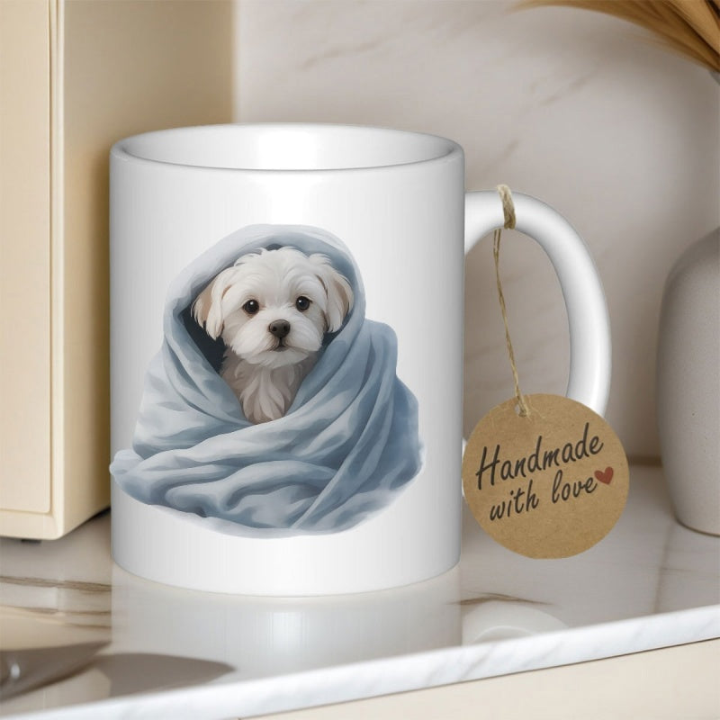 Tailorly White Ceramic 11 oz Mug - Handmade With Love Small Fluffy White Puppy Wrapped Inside A Soft Blue Blanket Puppy