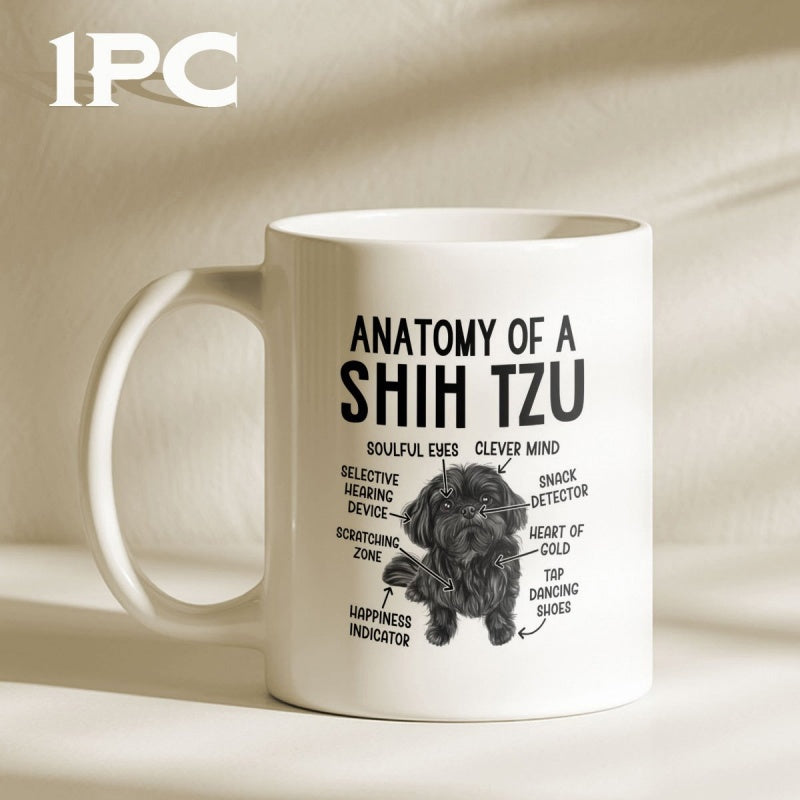 Tailorly White Ceramic 11 oz Mug - Anatomy Of A Shih Tzu Black Fluffy Puppy Sitting With Educational Anatomical Labels And Pointing Arrows Shih Tzu