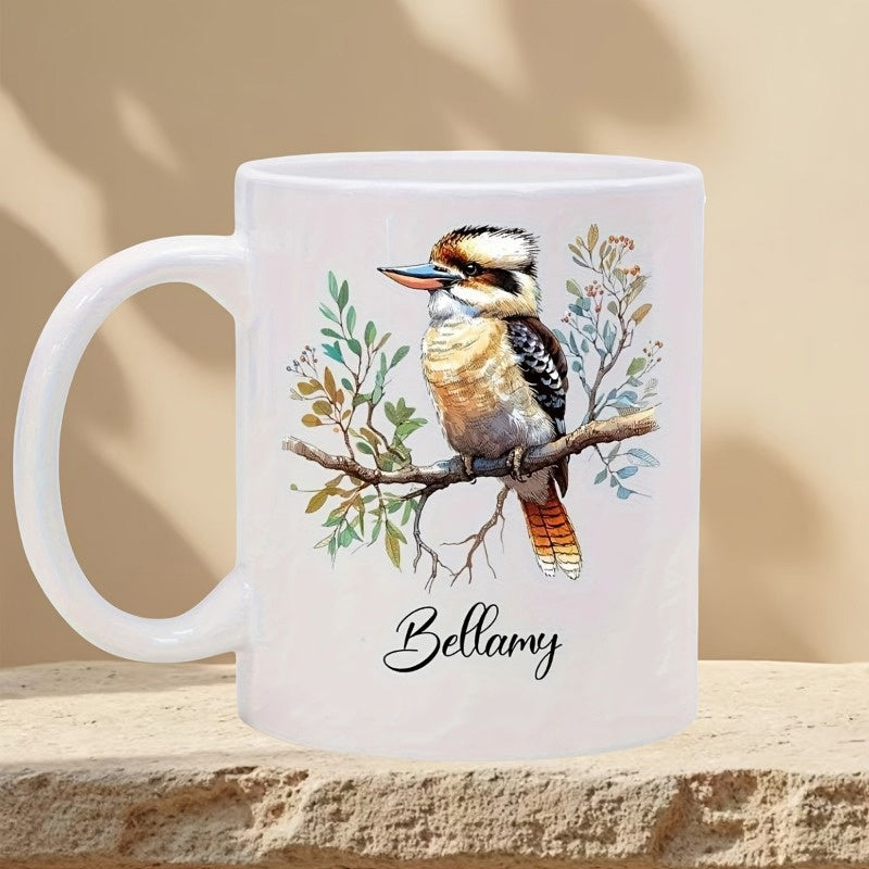 Tailorly White Ceramic 11 oz Mug - Bellamy Australian Bird Perching On A Leafy Tree Branch In Nature Kookaburra
