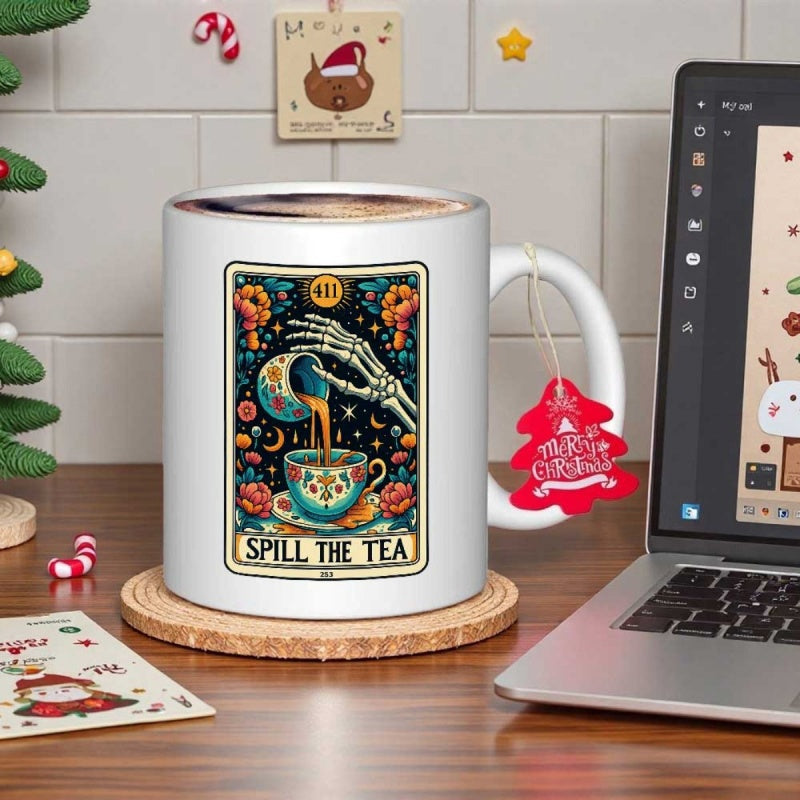 Tailorly White Ceramic 11 oz Mug - Spill The Tea Vintage Tarot Card Aesthetic With Skeleton Hand Pouring Hot Tea Mug