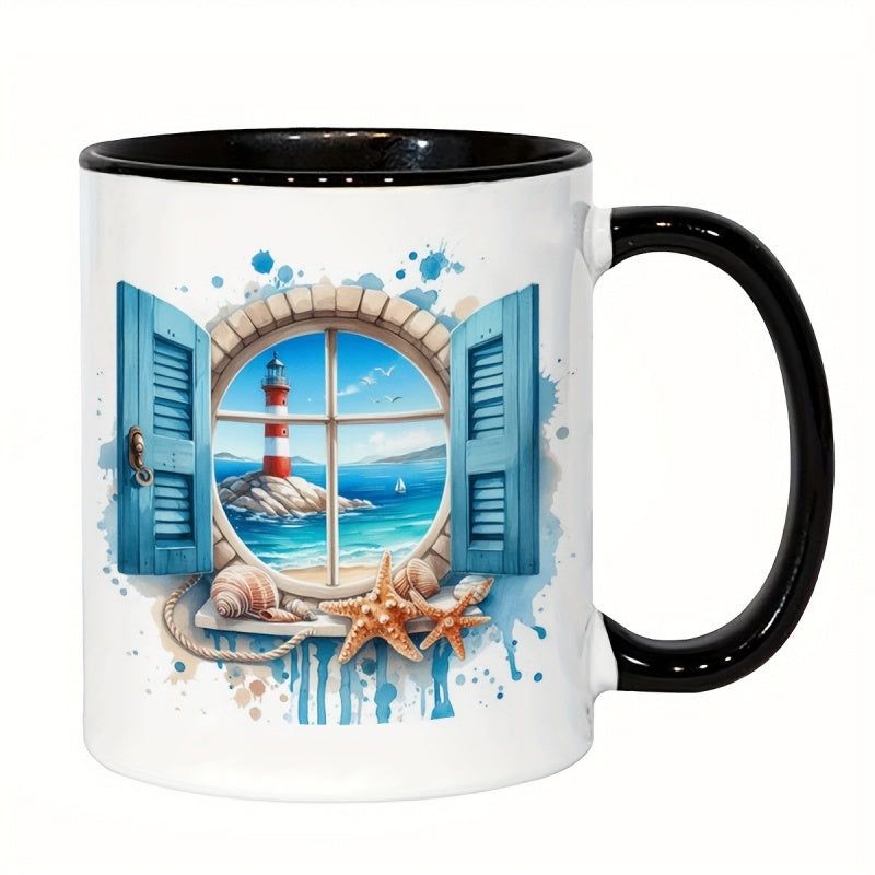 Tailorly Black Accent 11 oz Mug - seaside lighthouse with window shells and blue shutters