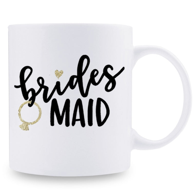 Tailorly White Ceramic 11 oz Mug - Brides Maid Elegant Ceramic Surface Featuring Golden Heart And Ring Decorative Elements Mug