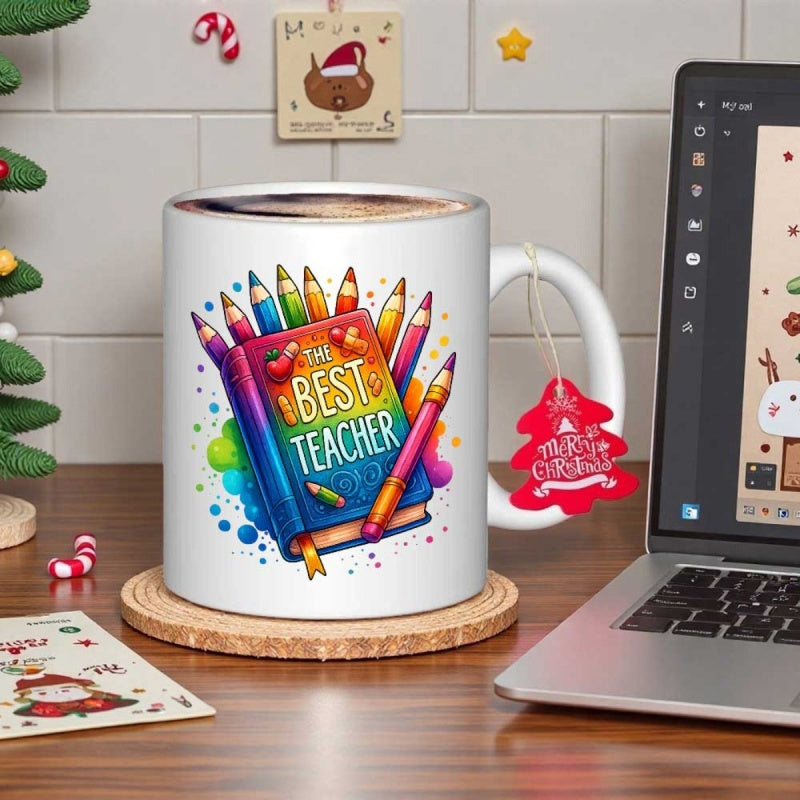 Tailorly White Ceramic 11 oz Mug - The Best Teacher Colorful Rainbow Book With Vibrant Pencils And Splashes Of Bright Colors Mug