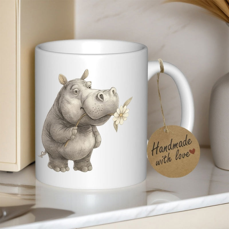 Tailorly White Ceramic 11 oz Mug - Handmade With Love Adorable Gray Cartoon Character Holding A Small White Flower Hippo