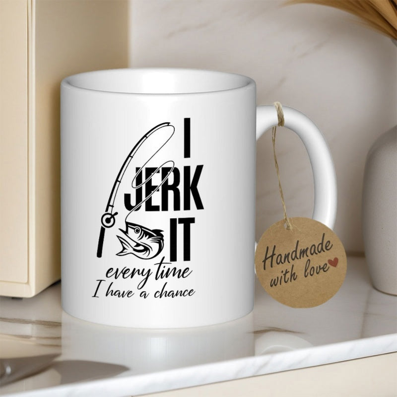 Tailorly White Ceramic 11 oz Mug - I Jerk It Every Time I Have A Chance Simple Minimalist Black Line Art Jumping Fish Graphic Fishing Rod