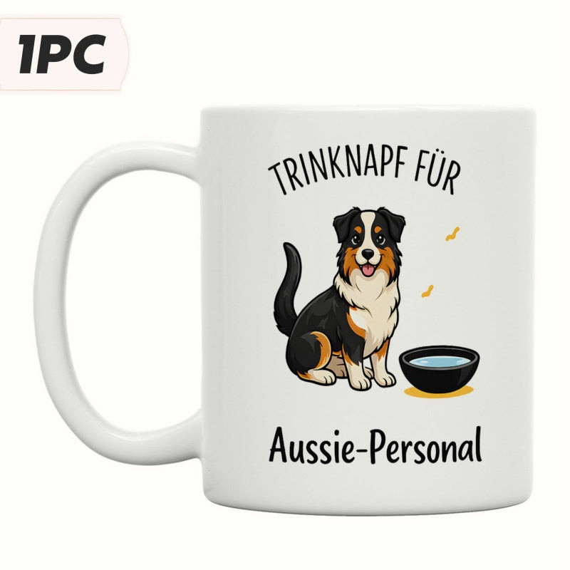 Tailorly White Ceramic 11 oz Mug - Aussie Charming Tri Color Australian Shepherd Sitting Peacefully Beside A Water Bowl Dog
