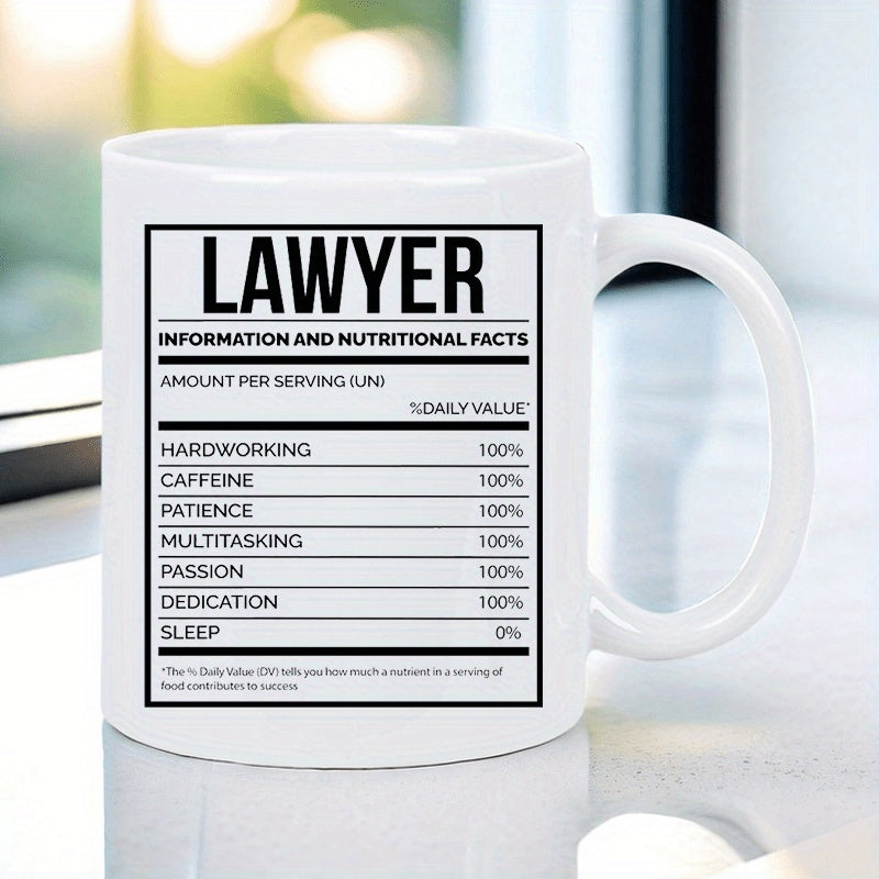 Tailorly White Ceramic 11 oz Mug - Lawyer Information And Nutritional Facts Classic White Ceramic Vessel With Black Text Elements Mug