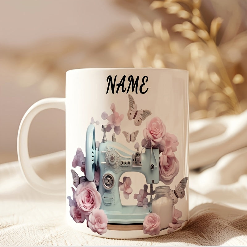 Tailorly White Ceramic 11 oz Mug - Name Vintage Blue Machine Among Blooming Pink Roses And Flying Butterflies Sewing Machine