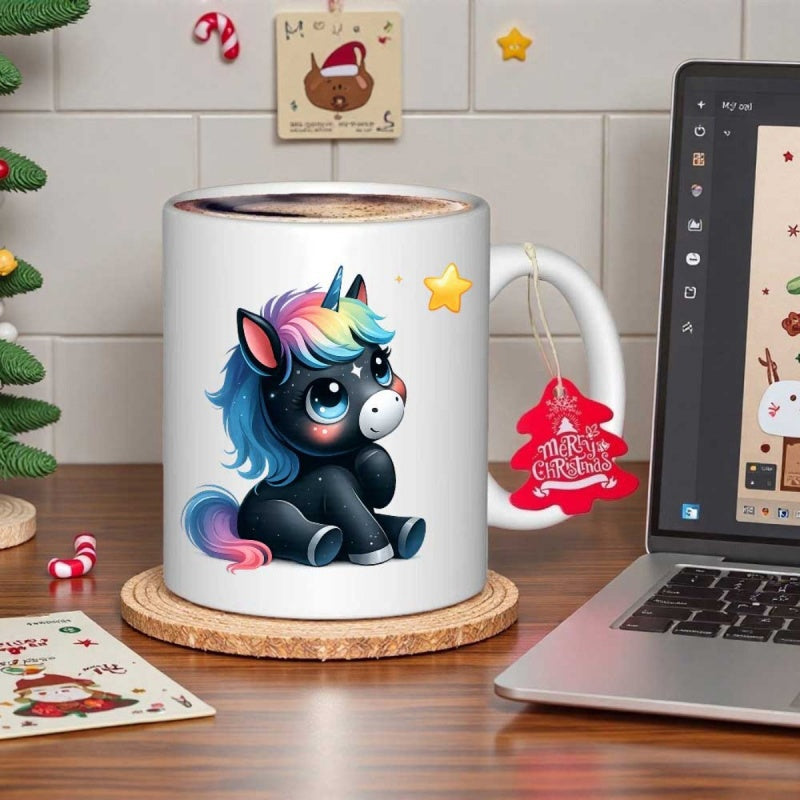 Tailorly White Ceramic 11 oz Mug - Merry Christmas Adorable Black Baby Sitting With Vibrant Colorful Rainbow Mane And Tail Magical Unicorn
