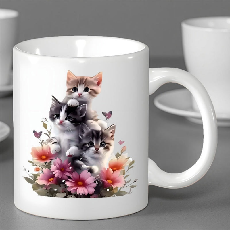 Tailorly White Ceramic 11 oz Mug - Three Adorable Little Fluffy Felines Sitting Among Vibrant Spring Flowers Kittens