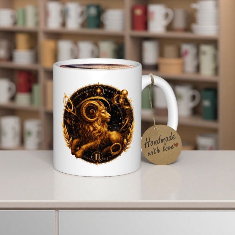 Tailorly White Ceramic 11 oz Mug - Handmade With Love Intricate Golden Celestial Circle Featuring Majestic Detailed Astrological Zodiac Ram