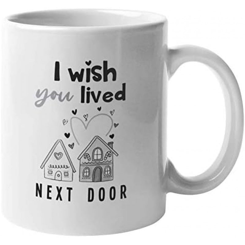 Tailorly White Ceramic 11 oz Mug - I Wish You Lived Next Door Minimalist Hand Drawn Cottage Dwellings Featuring Floating Love Heart Symbols House