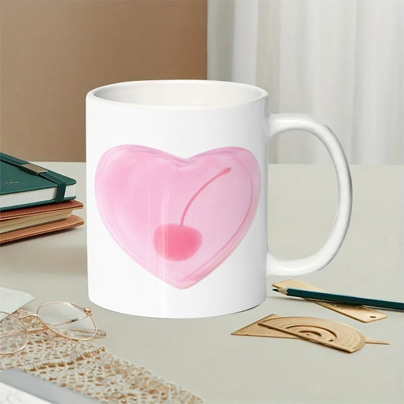 Tailorly White Ceramic 11 oz Mug - Glossy Translucent Soft Pink Jelly Style With A Single Sweet Cherry Heart