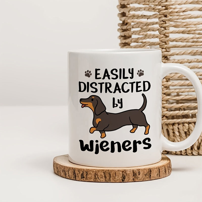 Tailorly White Ceramic 11 oz Mug - Easily Distracted By Wieners Playful Brown And Tan Cartoon Dog Walking Joyfully Across White Ceramic Dachshund