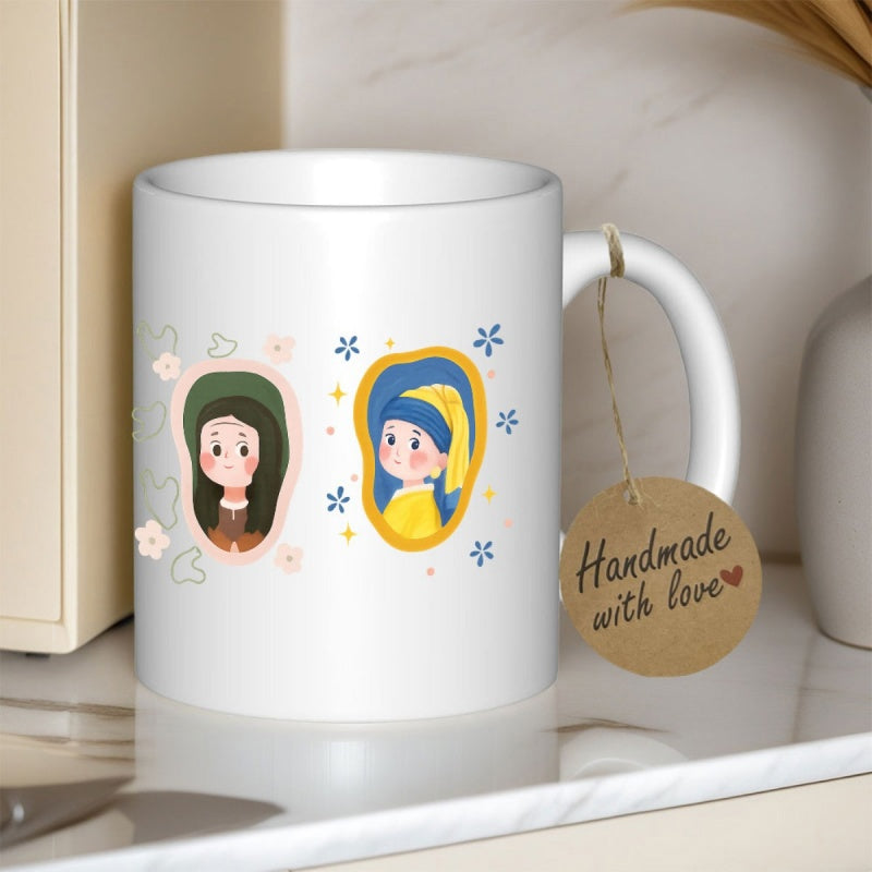 Tailorly White Ceramic 11 oz Mug - Adorable Chibi Style Classic Artworks Surrounded By Charming Flowers And Stars Portrait