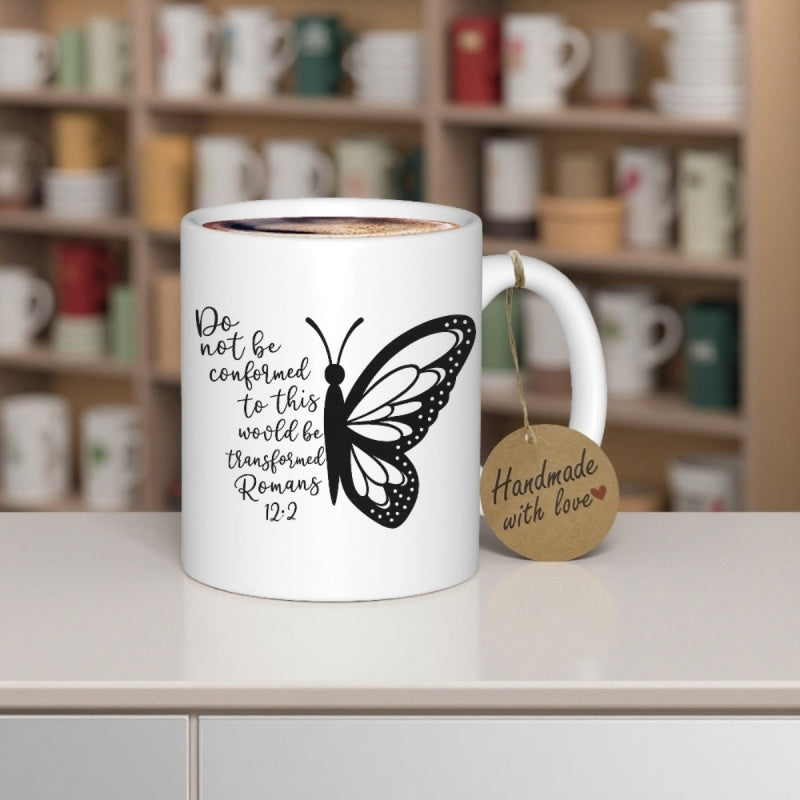 Tailorly White Ceramic 11 oz Mug - Romans 12 2 Minimalist Black Butterfly Wing Paired With Inspirational Handwritten Scripture Text Butterfly
