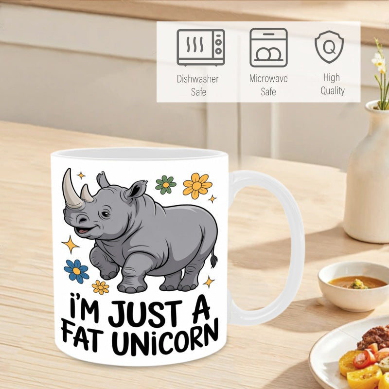 Tailorly White Ceramic 11 oz Mug - Im Just A Fat Unicorn Chubby Grey Rhinoceros Standing Among Colorful Flowers And Tiny Stars Rhinoceros