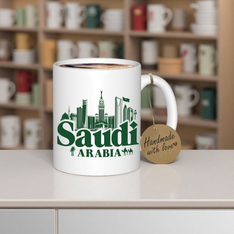 Tailorly White Ceramic 11 oz Mug - Saudi Arabia Iconic City Landmarks With Silhouettes Of Camels And Lush Palm Trees Skyline