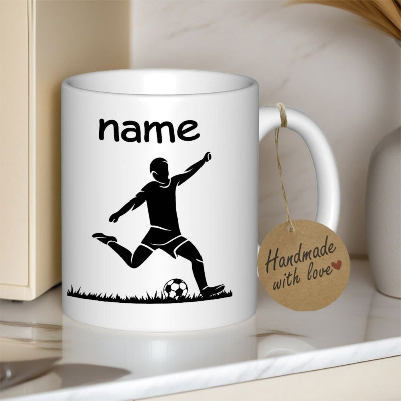 Tailorly White Ceramic 11 oz Mug - Name Silhouette Of Dynamic Athletic Figure Kicking Ball On Grass Player