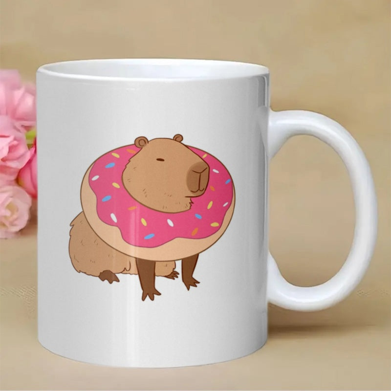 Tailorly White Ceramic 11 oz Mug - Cute Brown Animal Wearing Large Pink Sprinkled Strawberry Frosted Sweet Donut Capybara