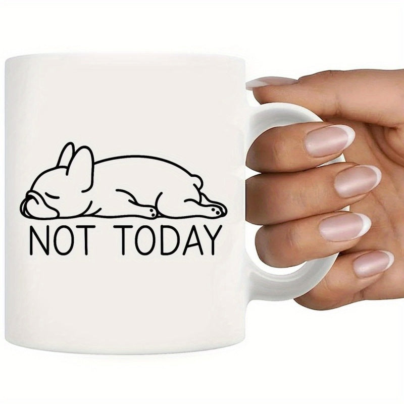 Tailorly White Ceramic 11 oz Mug - Not Today Minimalist Black Line Drawing Of A Sleeping Dog Lying Flat French Bulldog