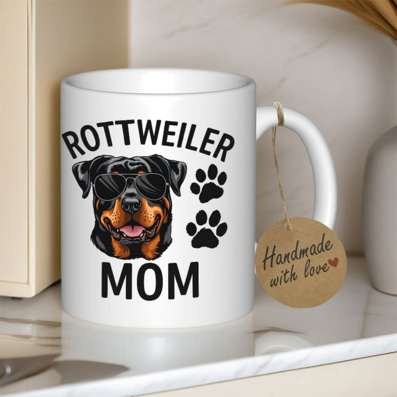Tailorly White Ceramic 11 oz Mug - Rottweiler Mom Wearing Black Sunglasses With Small Paw Prints On The Side Rottweiler