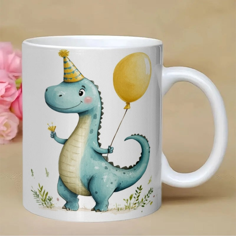 Tailorly White Ceramic 11 oz Mug - Adorable Hand Painted Blue Watercolor Creature Holding Bright Yellow Balloon Dinosaur