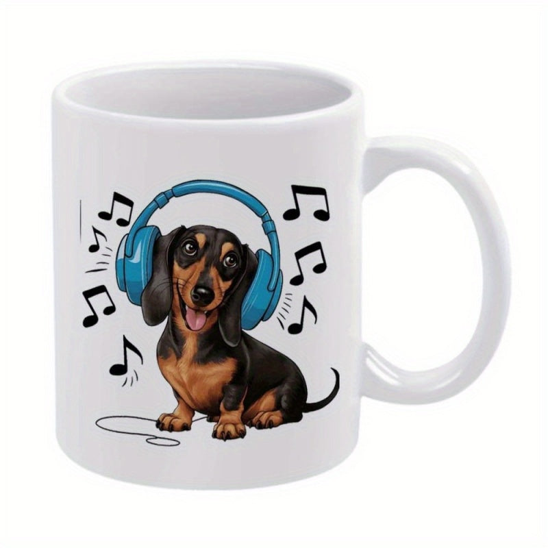Tailorly White Ceramic 11 oz Mug - Happy Little Sausage Dog Wearing Headphones Among Scattered Musical Notes Dachshund