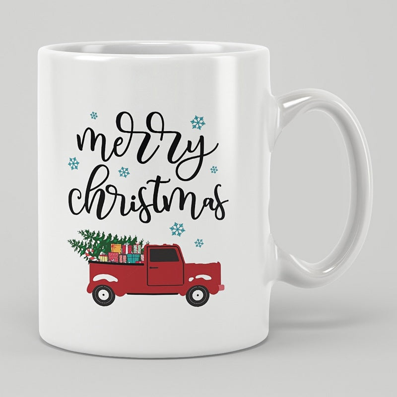 Tailorly White Ceramic 11 oz Mug - Merry Christmas Vintage Red Pickup Carrying Evergreen Tree With Colorful Presents Truck