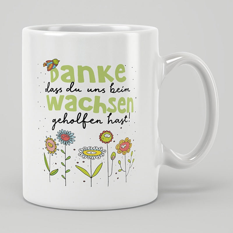 Tailorly White Ceramic 11 oz Mug - Vibrant Hand Drawn Garden Blooms With A Cheerful Bird Resting Above Flower
