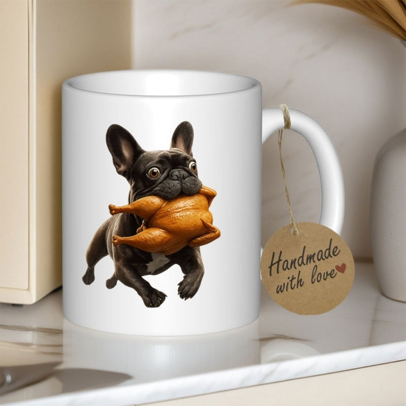 Tailorly White Ceramic 11 oz Mug - Handmade With Love Playful Black French Bulldog Carrying A Roasted Golden Brown Chicken Bulldog