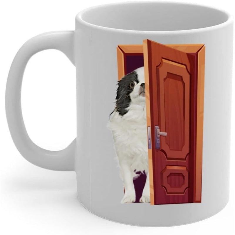Tailorly White Ceramic 11 oz Mug - Small Black And White Pet Peeking From A Wooden Door Dog