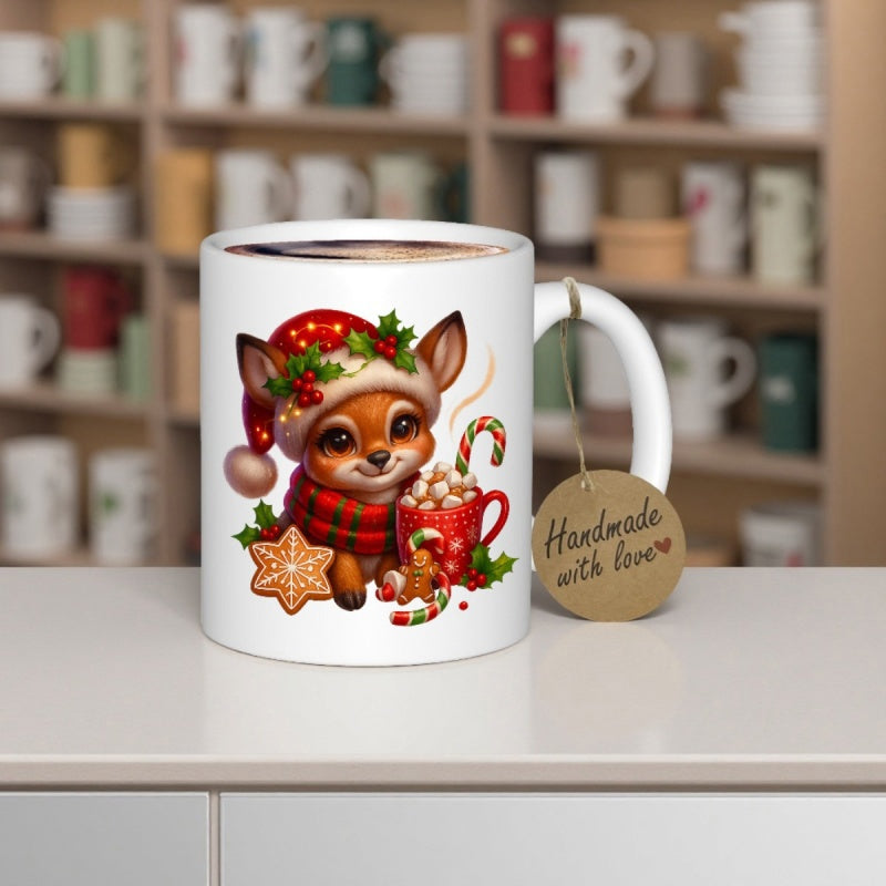 Tailorly White Ceramic 11 oz Mug - Handmade With Love Adorable Christmas Deer Wearing Festive Hat Holding Hot Cocoa Deer