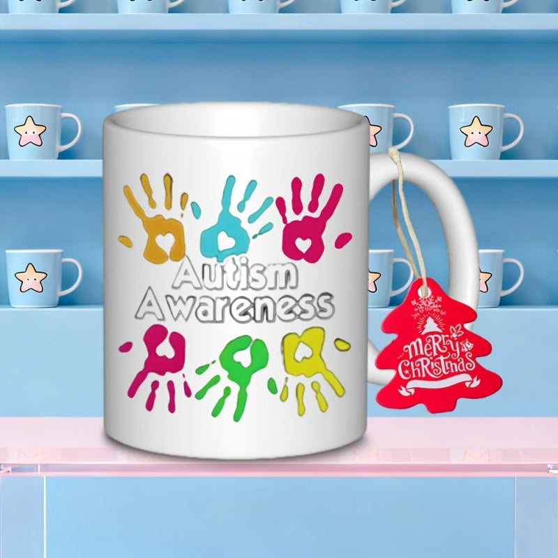 Tailorly White Ceramic 11 oz Mug - Autism Awareness Vibrant Colorful Artistic Handprints Featuring Heart Cutouts Symbolizing Support Handprint